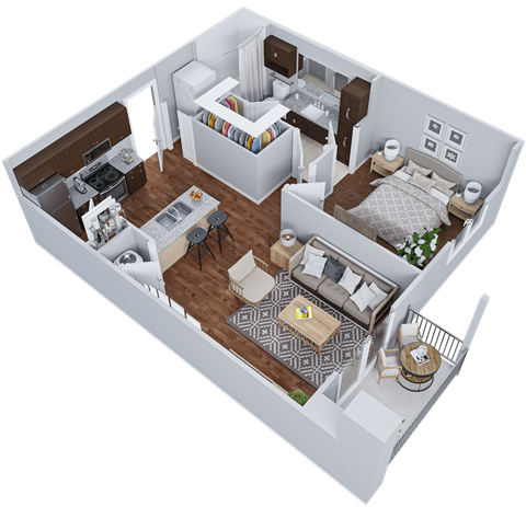 a 3d floor plan of a house with a bedroom and a living room